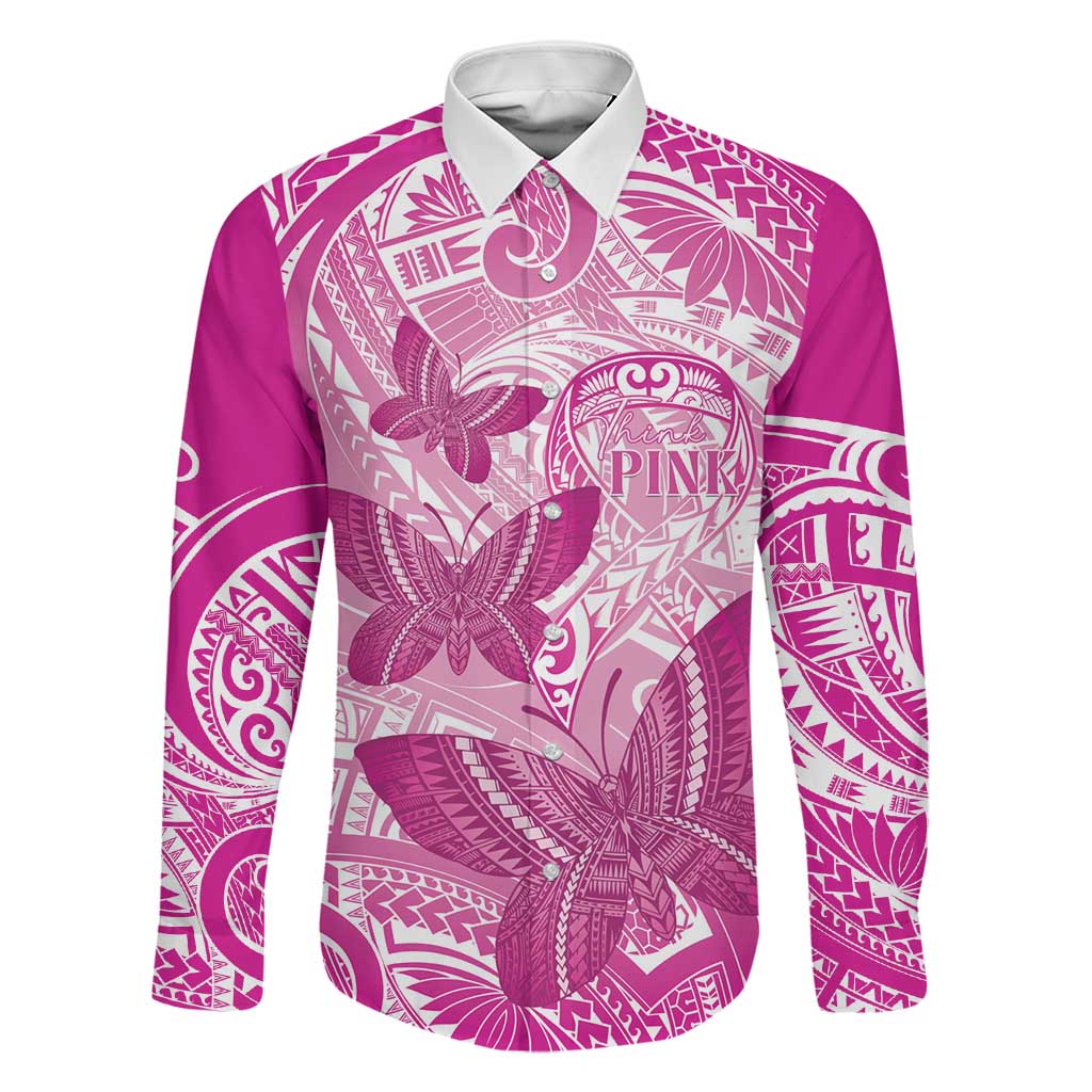 Personalised Polynesia Breast Cancer Awareness Family Matching Off The Shoulder Long Sleeve Dress and Hawaiian Shirt Think Pink Ribbon Polynesian Butterflies LT14 Dad's Shirt - Long Sleeve Pink - Polynesian Pride