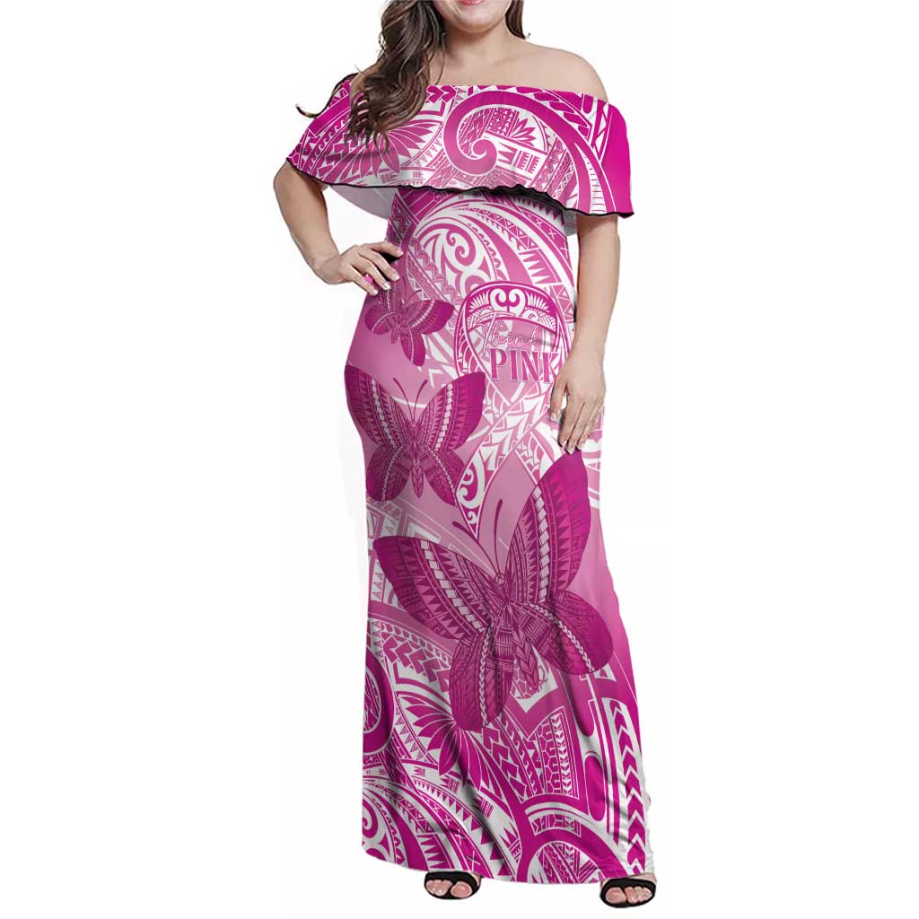Personalised Polynesia Breast Cancer Awareness Family Matching Off Shoulder Maxi Dress and Hawaiian Shirt Think Pink Ribbon Polynesian Butterflies LT14 Mom's Dress Pink - Polynesian Pride