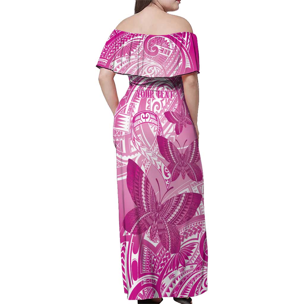 Personalised Polynesia Breast Cancer Awareness Family Matching Off Shoulder Maxi Dress and Hawaiian Shirt Think Pink Ribbon Polynesian Butterflies LT14 - Polynesian Pride