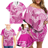 Personalised Polynesia Breast Cancer Awareness Family Matching Off Shoulder Short Dress and Hawaiian Shirt Think Pink Ribbon Polynesian Butterflies LT14 - Polynesian Pride