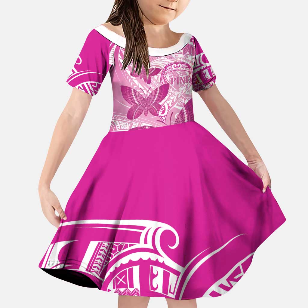 Personalised Polynesia Breast Cancer Awareness Family Matching Short Sleeve Bodycon Dress and Hawaiian Shirt Think Pink Ribbon Polynesian Butterflies LT14 Daughter's Dress Pink - Polynesian Pride