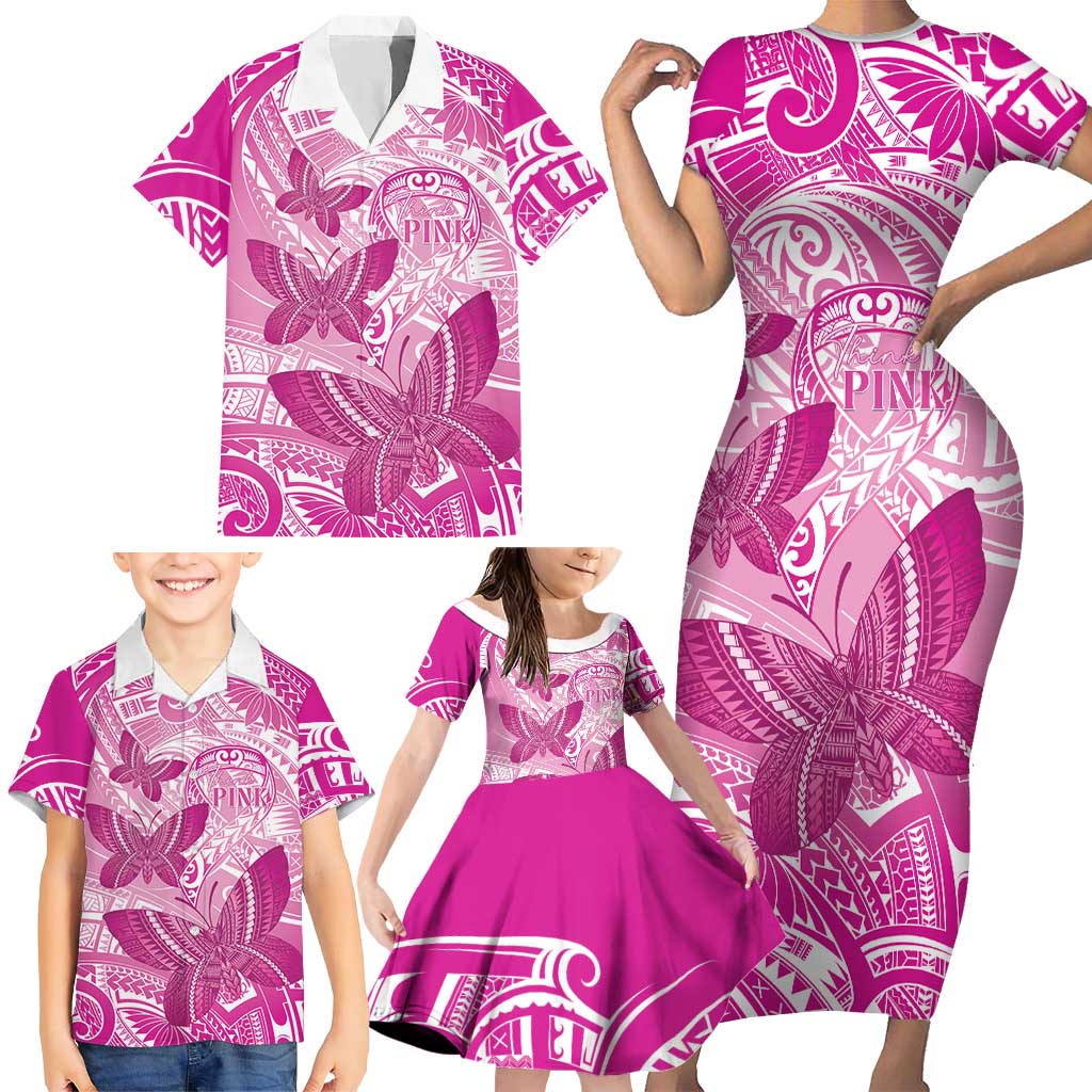 Personalised Polynesia Breast Cancer Awareness Family Matching Short Sleeve Bodycon Dress and Hawaiian Shirt Think Pink Ribbon Polynesian Butterflies