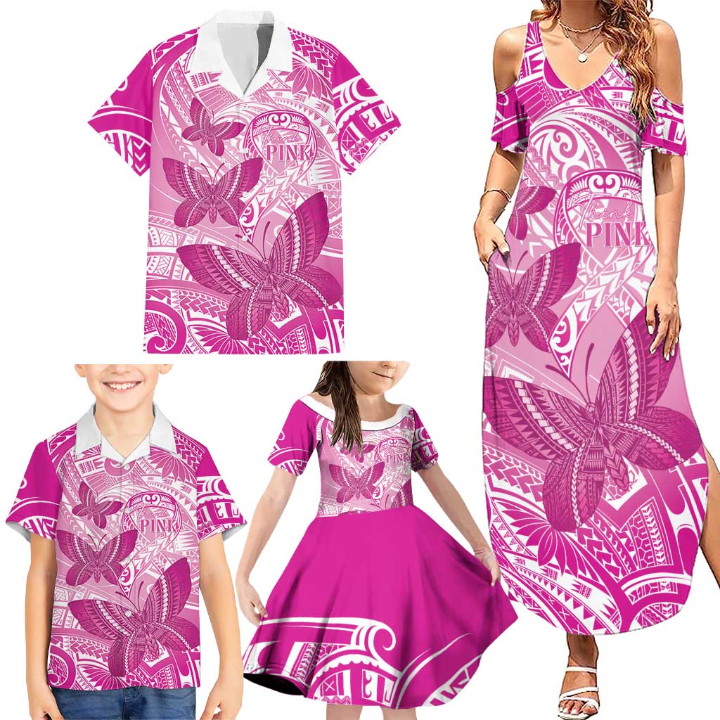 Personalised Polynesia Breast Cancer Awareness Family Matching Summer Maxi Dress and Hawaiian Shirt Think Pink Ribbon Polynesian Butterflies LT14 - Polynesian Pride