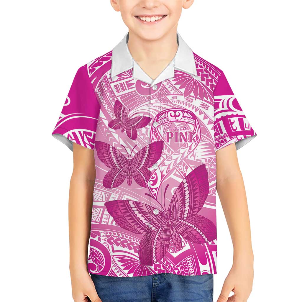 Personalised Polynesia Breast Cancer Awareness Kid Hawaiian Shirt Think Pink Ribbon Polynesian Butterflies