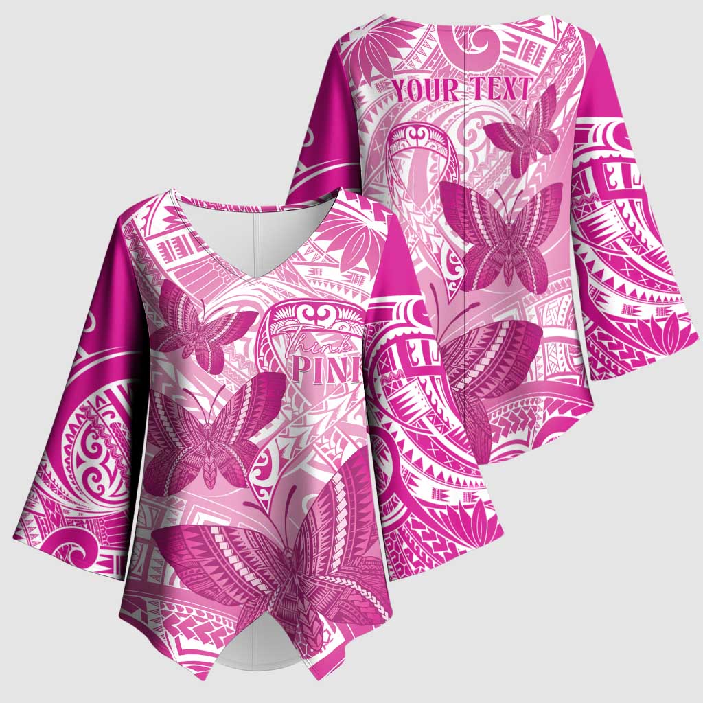 Personalised Polynesia Breast Cancer Awareness Kimono Sleeve Blouse Think Pink Ribbon Polynesian Butterflies