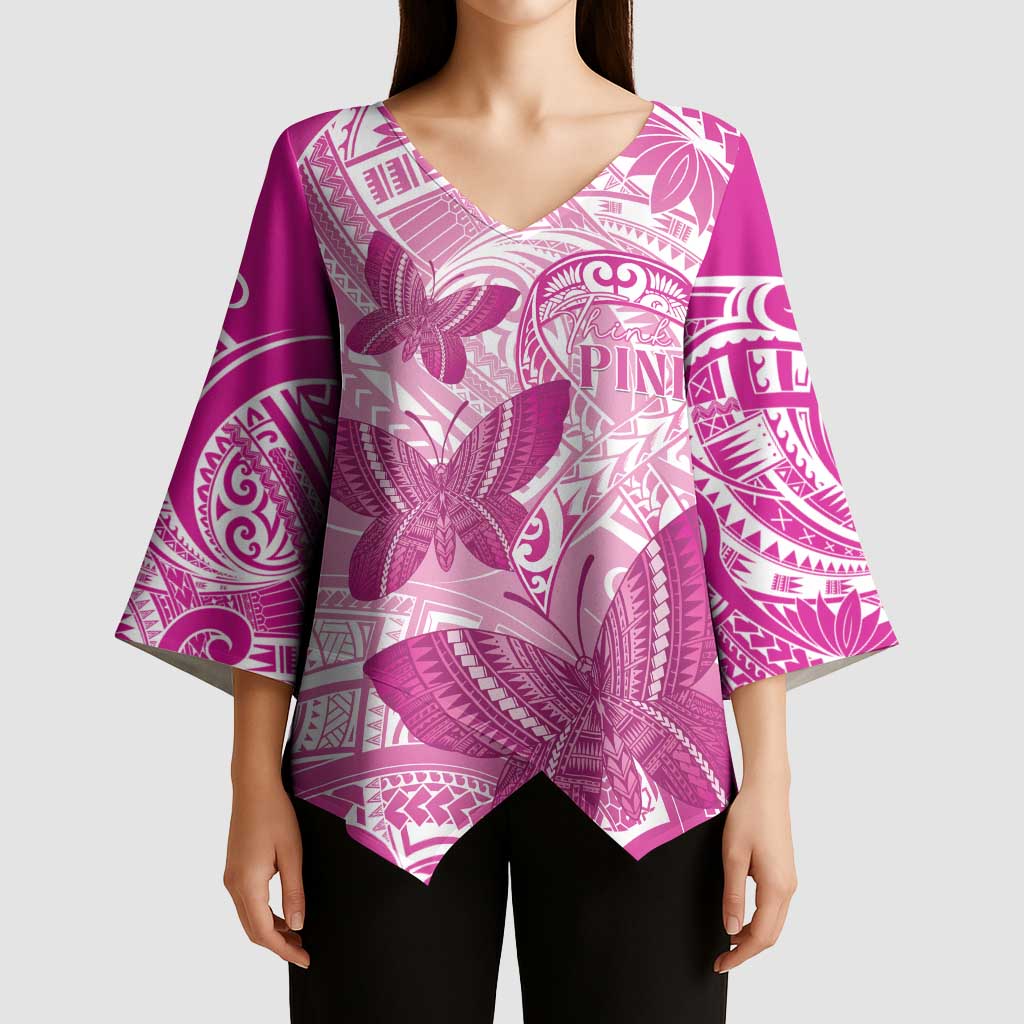 Personalised Polynesia Breast Cancer Awareness Kimono Sleeve Blouse Think Pink Ribbon Polynesian Butterflies
