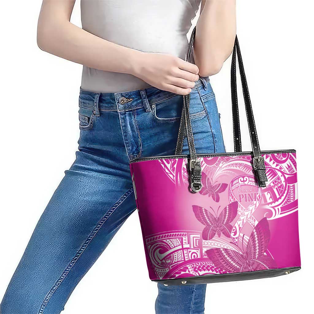 Polynesia Breast Cancer Awareness Leather Tote Bag Think Pink Ribbon Polynesian Butterflies