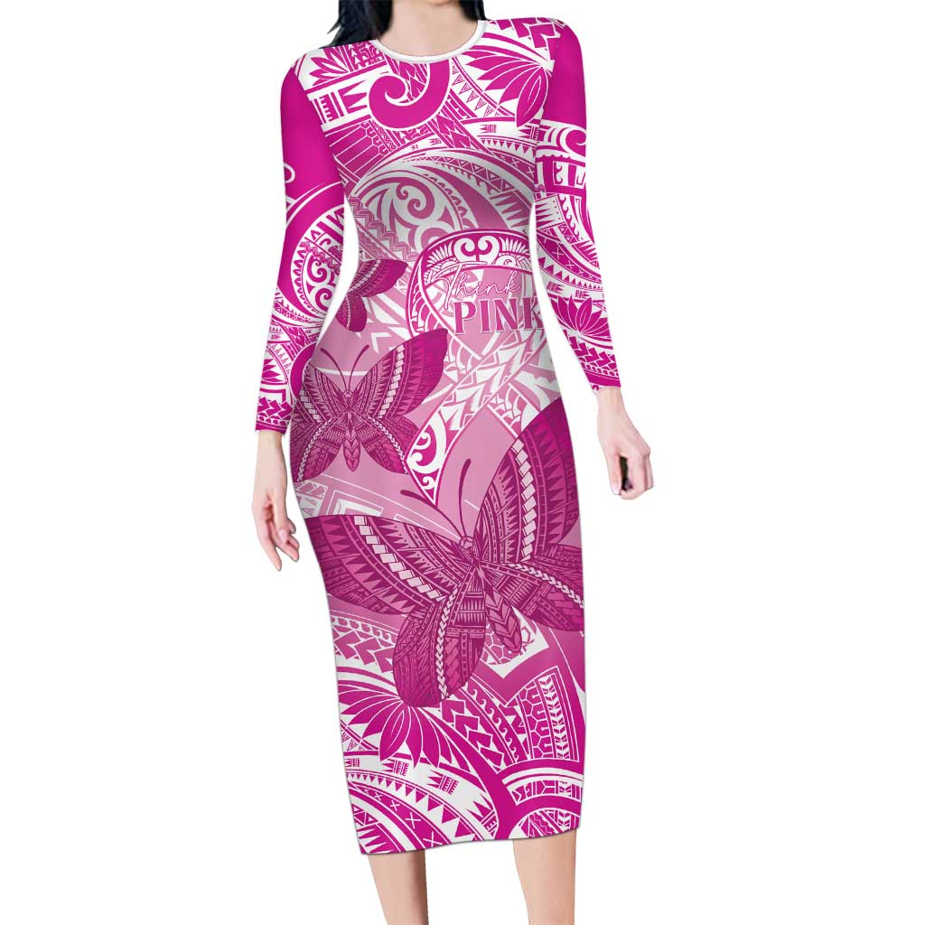 Personalised Polynesia Breast Cancer Awareness Long Sleeve Bodycon Dress Think Pink Ribbon Polynesian Butterflies