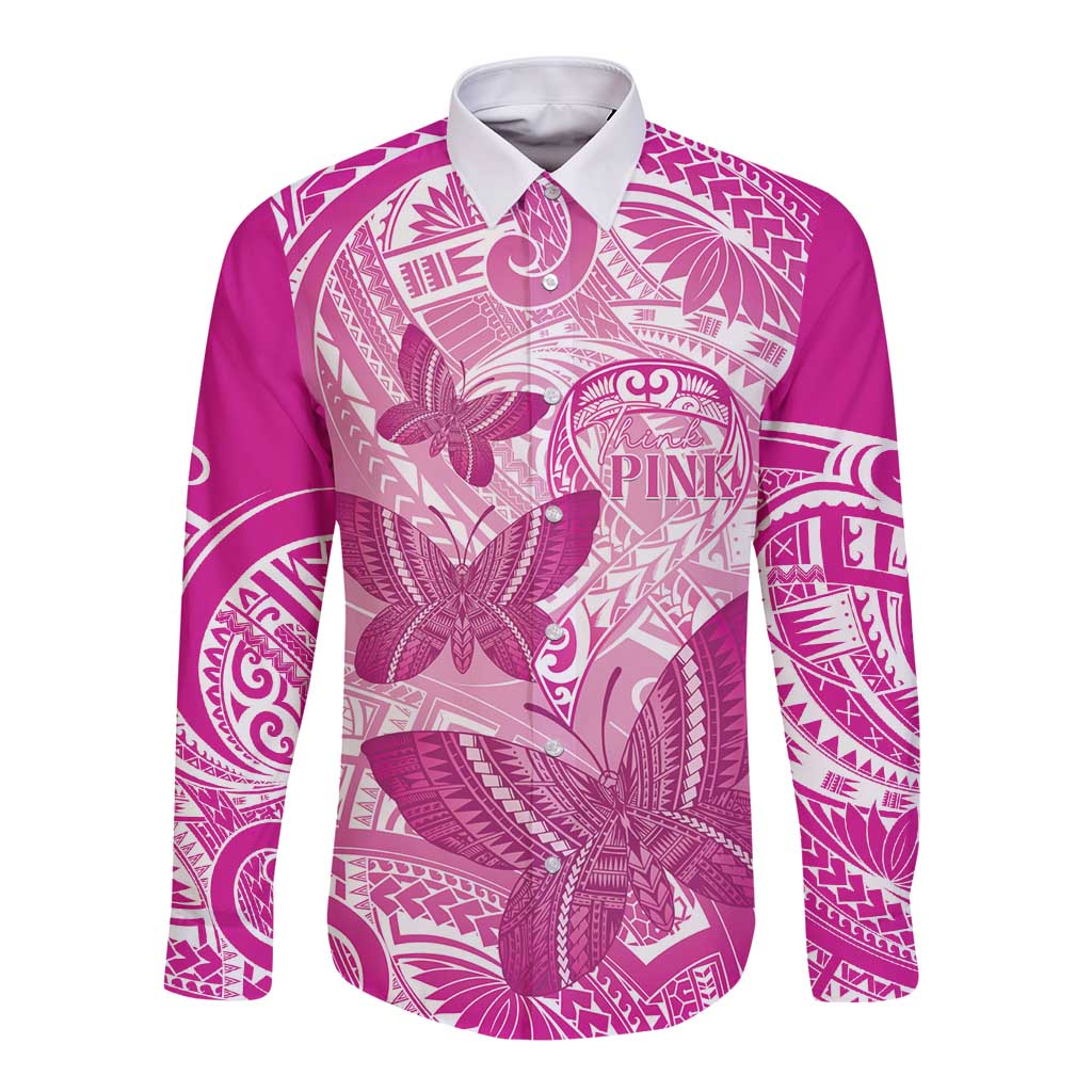 Personalised Polynesia Breast Cancer Awareness Long Sleeve Button Shirt Think Pink Ribbon Polynesian Butterflies