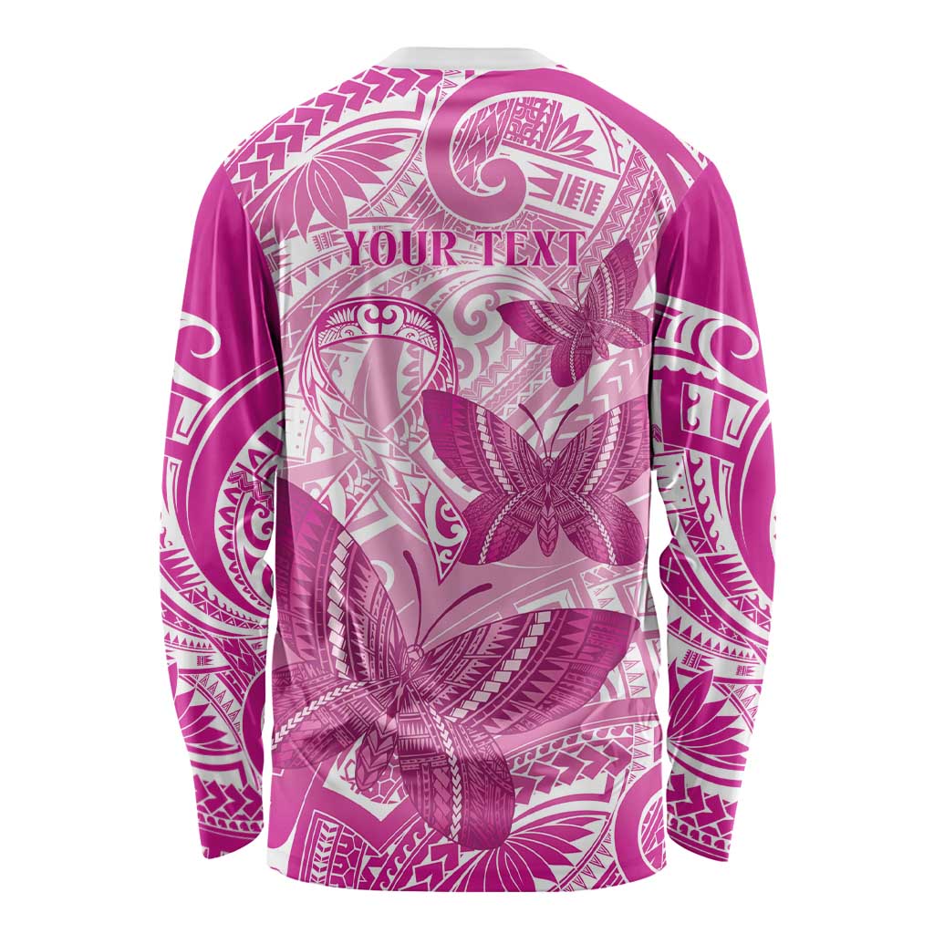 Personalised Polynesia Breast Cancer Awareness Long Sleeve Shirt Think Pink Ribbon Polynesian Butterflies