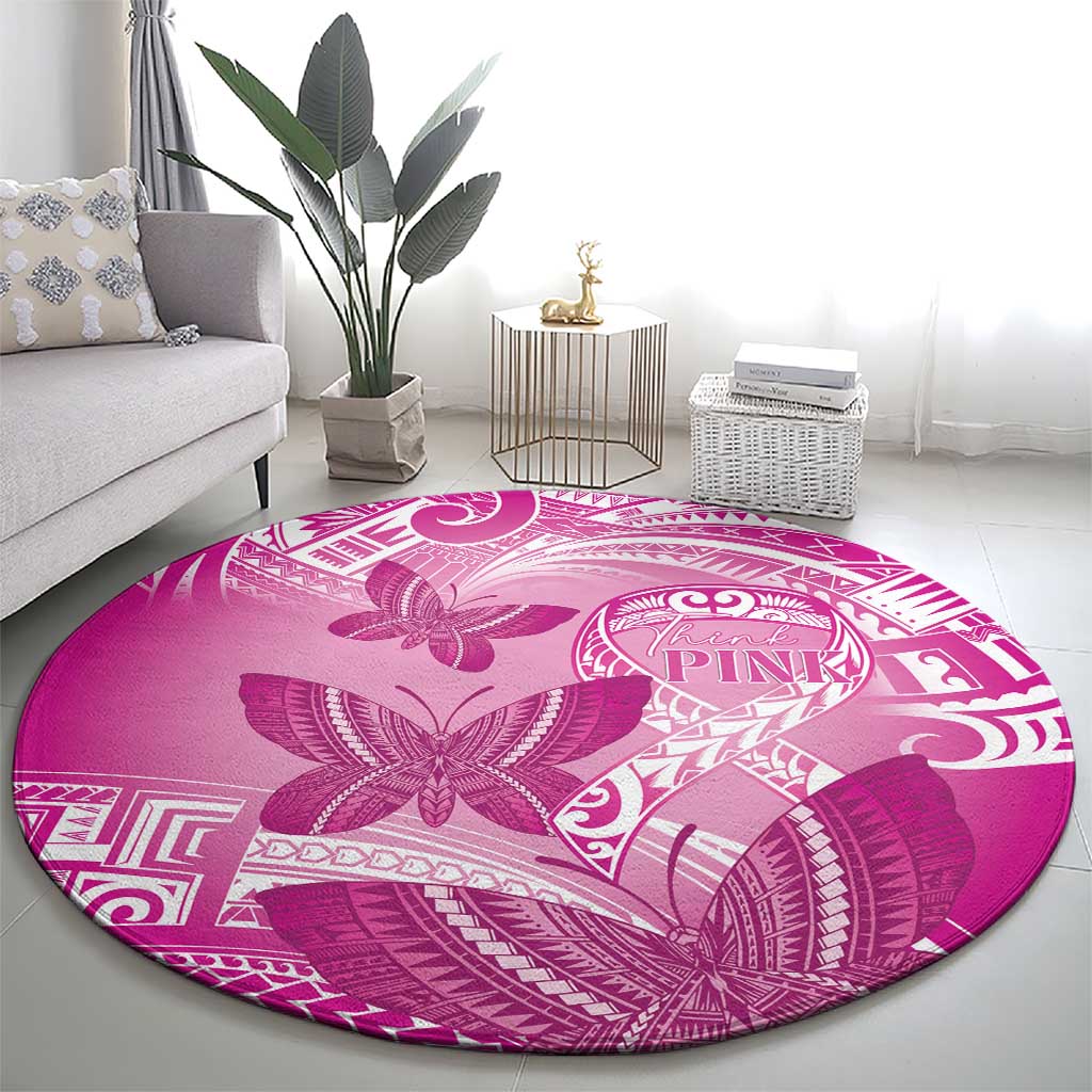 Polynesia Breast Cancer Awareness Round Carpet Think Pink Ribbon Polynesian Butterflies