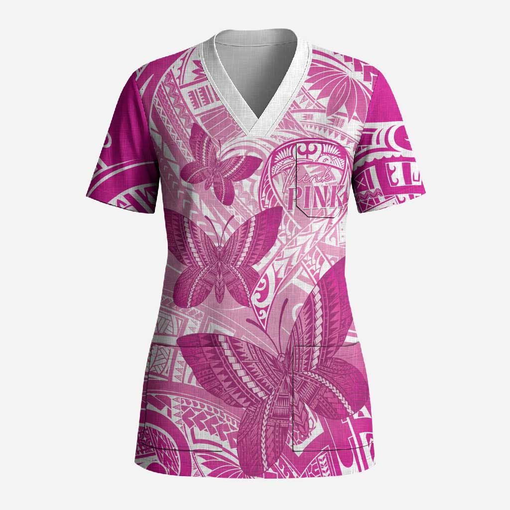 Personalised Polynesia Breast Cancer Awareness Scrub Top Think Pink Ribbon Polynesian Butterflies