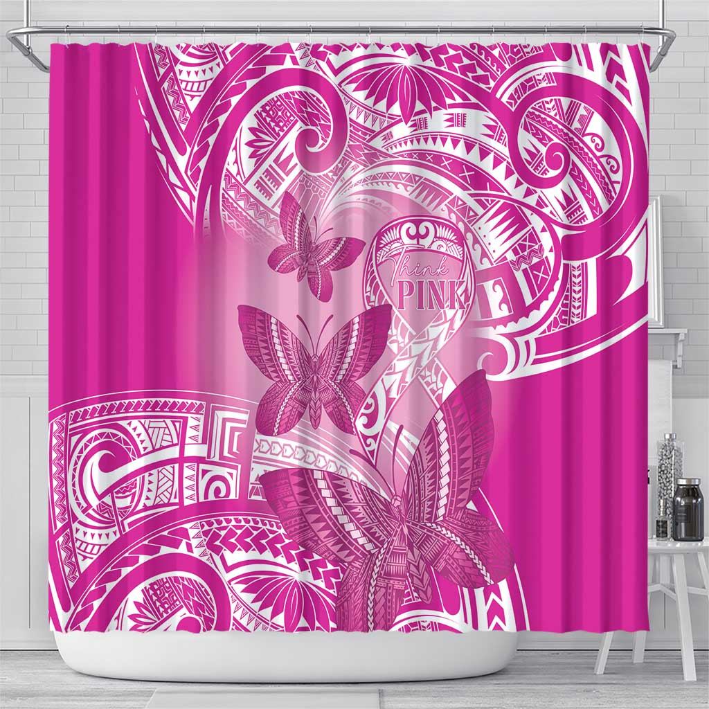 Polynesia Breast Cancer Awareness Shower Curtain Think Pink Ribbon Polynesian Butterflies