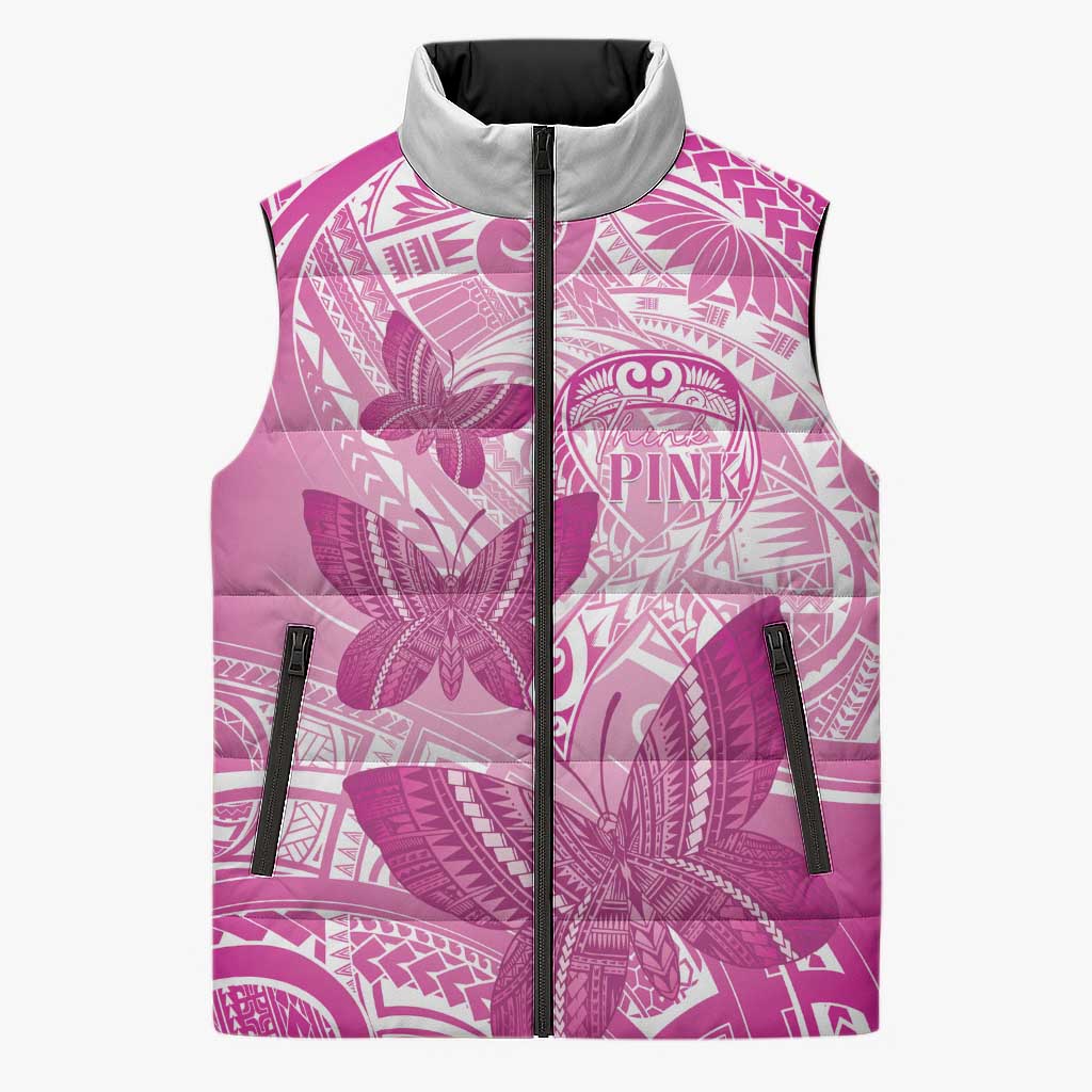 Personalised Polynesia Breast Cancer Awareness Sleeveless Puffer Jacket Think Pink Ribbon Polynesian Butterflies
