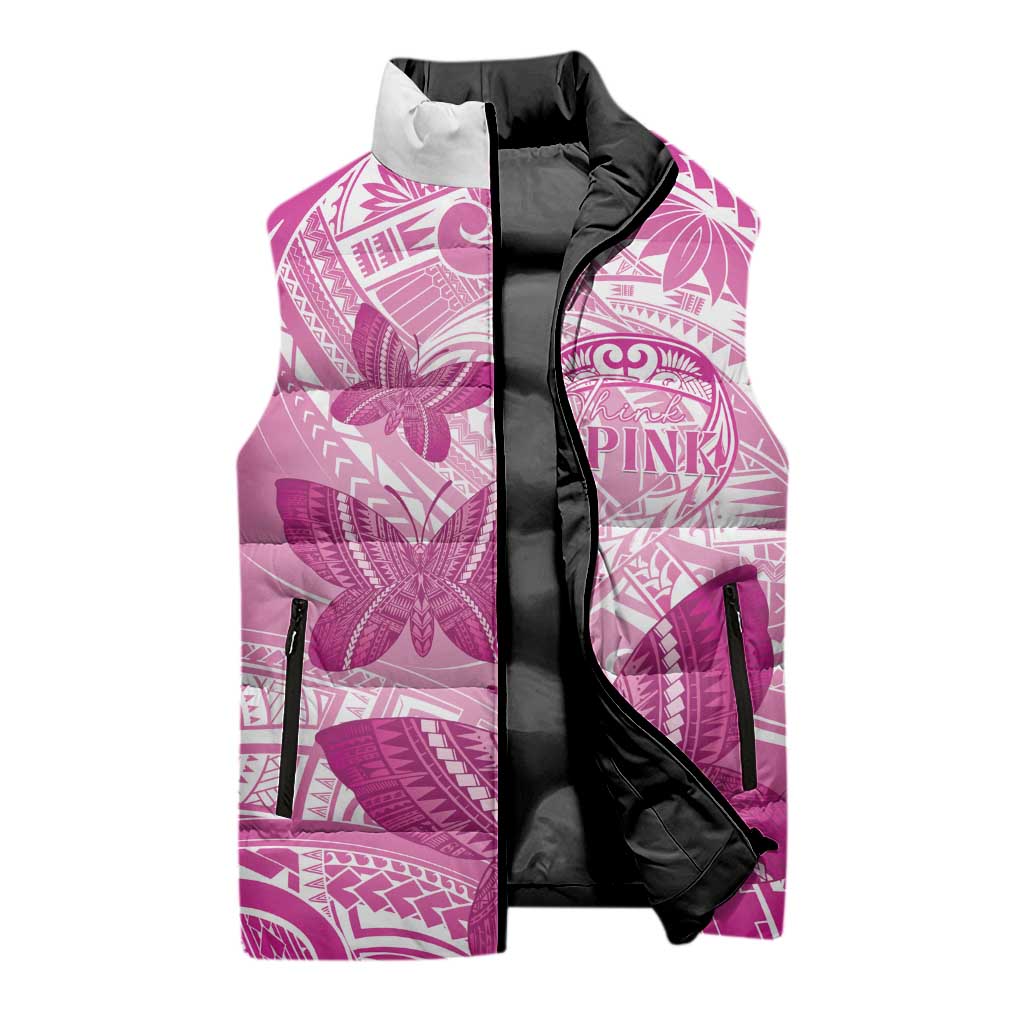 Personalised Polynesia Breast Cancer Awareness Sleeveless Puffer Jacket Think Pink Ribbon Polynesian Butterflies
