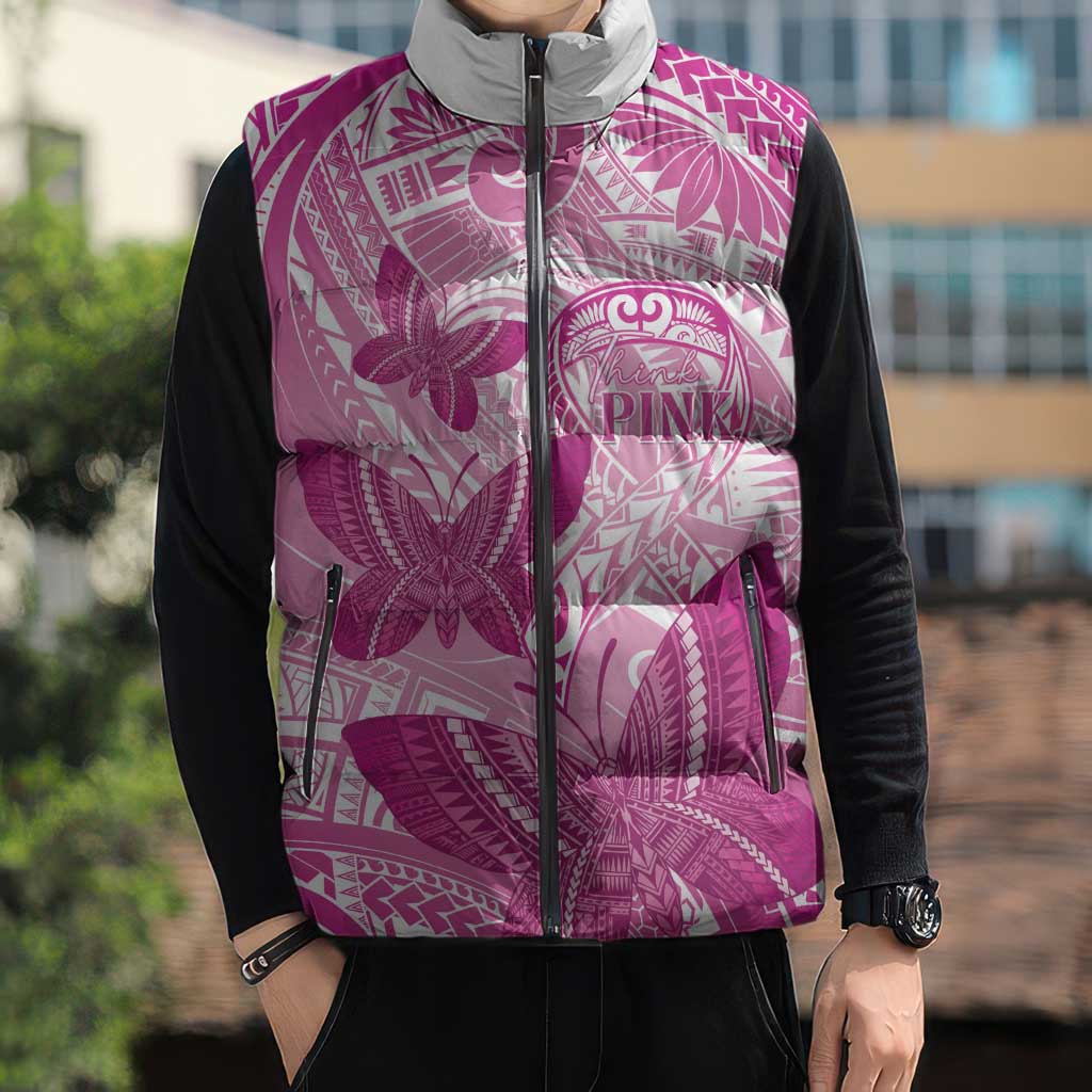 Personalised Polynesia Breast Cancer Awareness Sleeveless Puffer Jacket Think Pink Ribbon Polynesian Butterflies