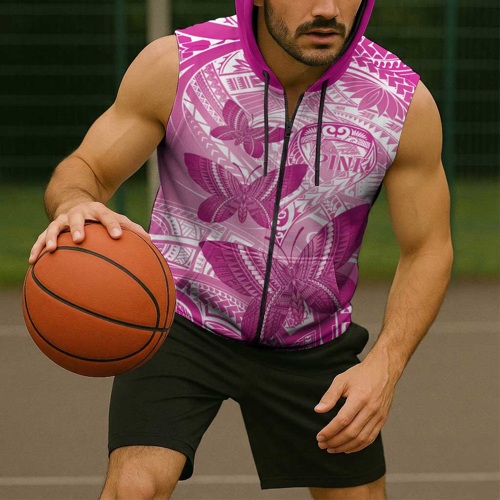 Personalised Polynesia Breast Cancer Awareness Sleeveless Zip Hoodie Think Pink Ribbon Polynesian Butterflies