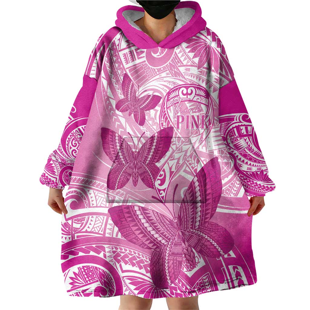 Personalised Polynesia Breast Cancer Awareness Wearable Blanket Hoodie Think Pink Ribbon Polynesian Butterflies