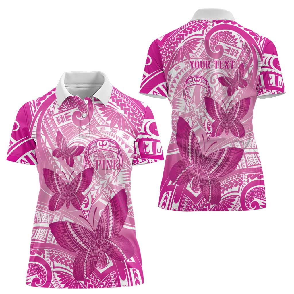 Personalised Polynesia Breast Cancer Awareness Women Polo Shirt Think Pink Ribbon Polynesian Butterflies