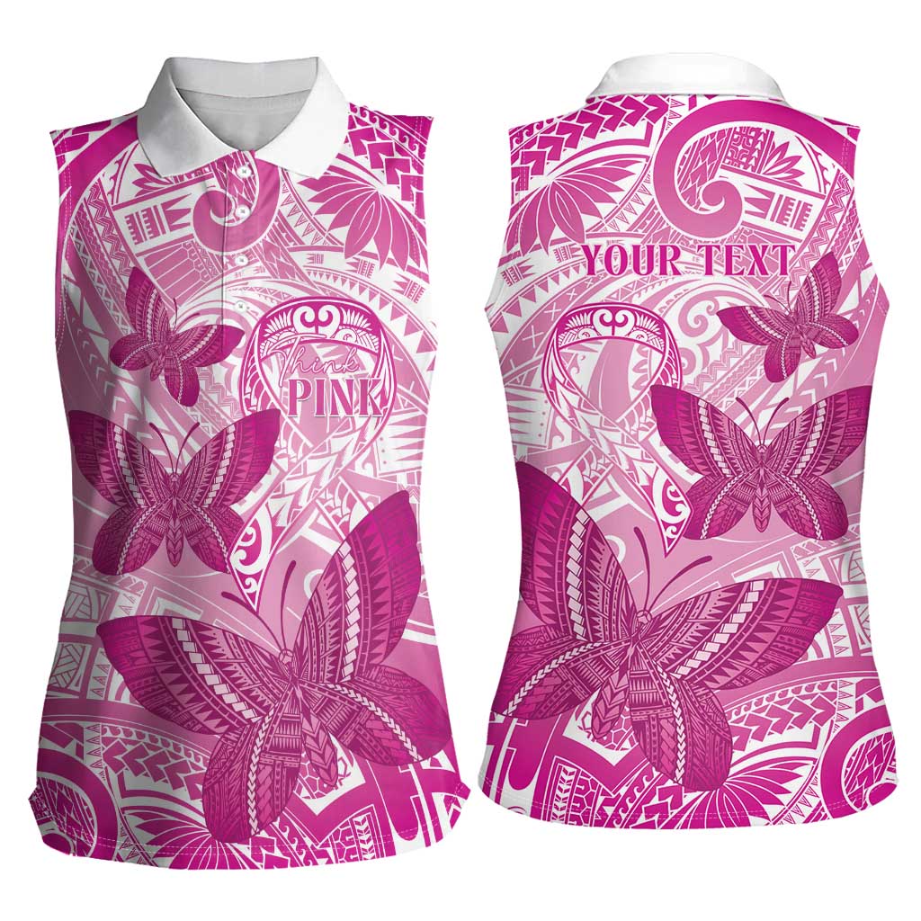 Personalised Polynesia Breast Cancer Awareness Women Sleeveless Polo Shirt Think Pink Ribbon Polynesian Butterflies