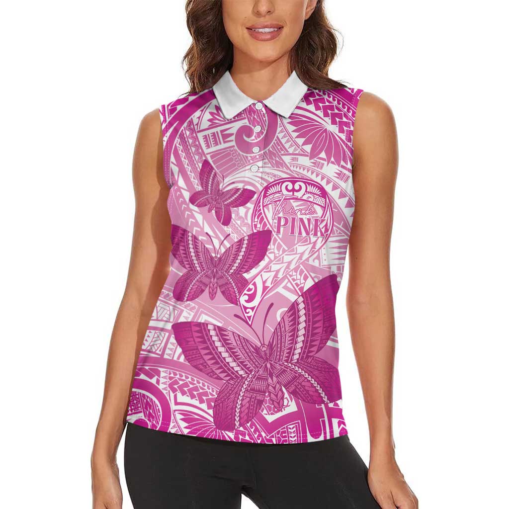 Personalised Polynesia Breast Cancer Awareness Women Sleeveless Polo Shirt Think Pink Ribbon Polynesian Butterflies