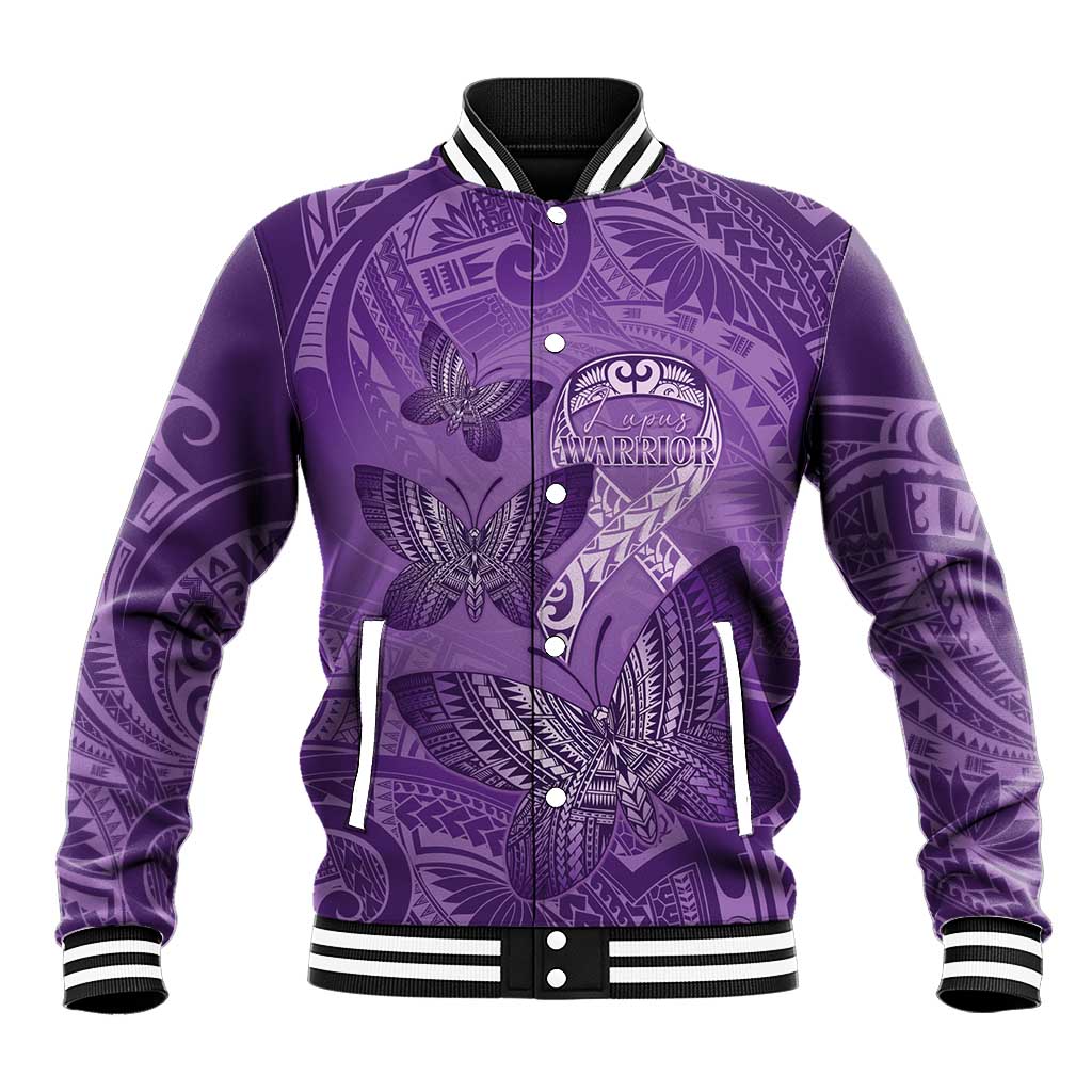 Personalised Polynesia Lupus Awareness Month Baseball Jacket Warrior Purple Ribbon Polynesian Butterflies