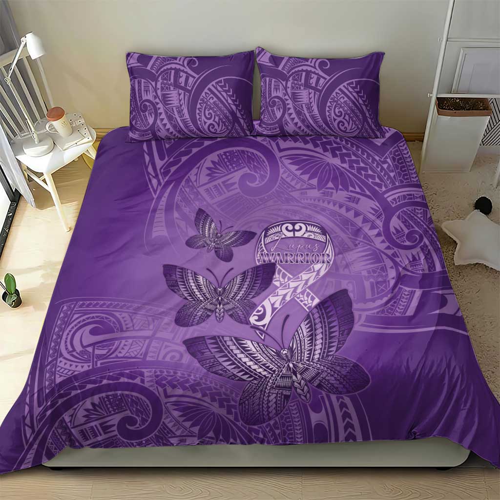 Polynesia Lupus Awareness Month Bedding Set Warrior Purple Ribbon Polynesian Butterflies