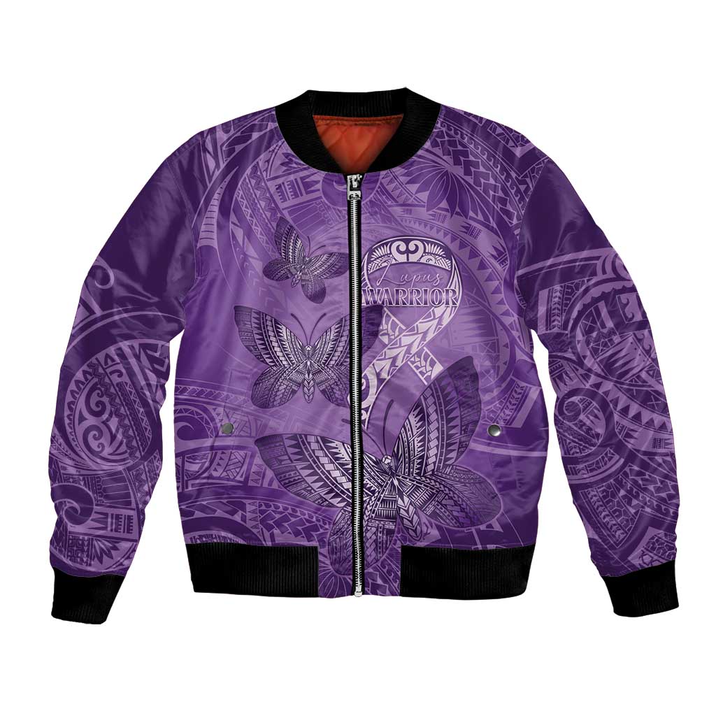 Personalised Polynesia Lupus Awareness Month Bomber Jacket Warrior Purple Ribbon Polynesian Butterflies