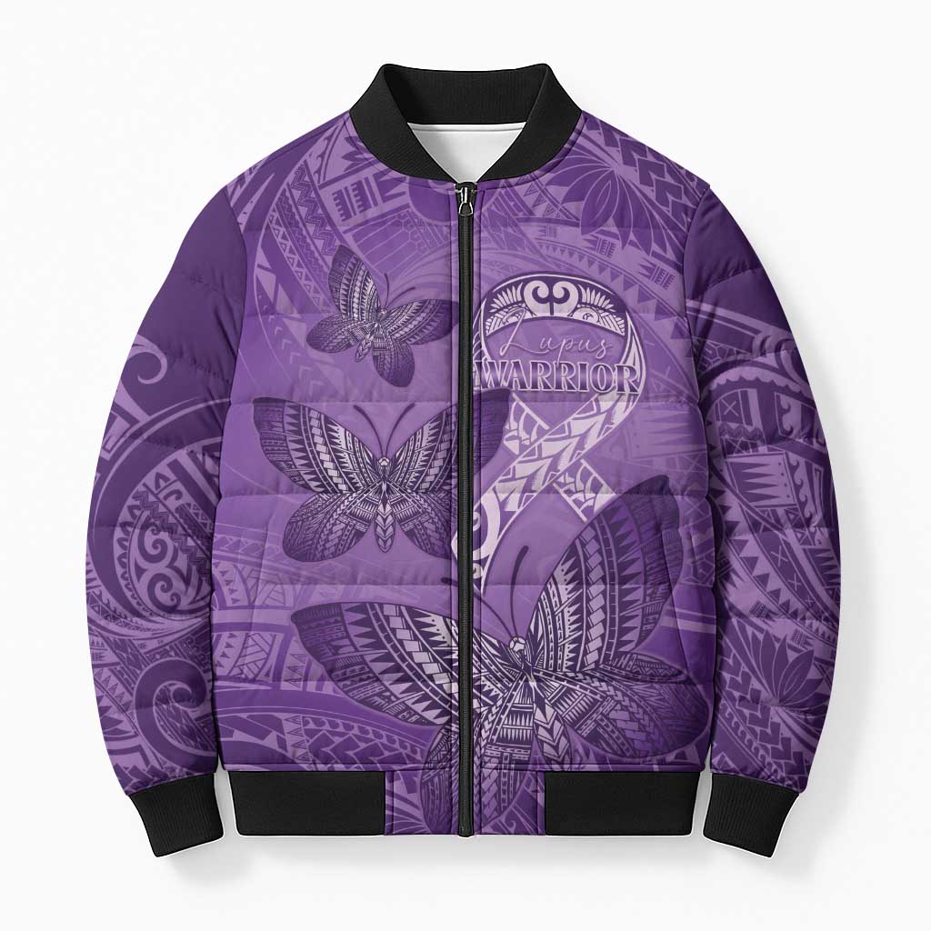 Personalised Polynesia Lupus Awareness Month Bomber Puffer Jacket Warrior Purple Ribbon Polynesian Butterflies
