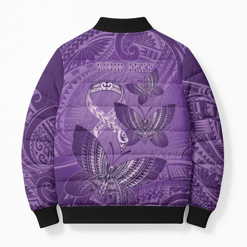 Personalised Polynesia Lupus Awareness Month Bomber Puffer Jacket Warrior Purple Ribbon Polynesian Butterflies
