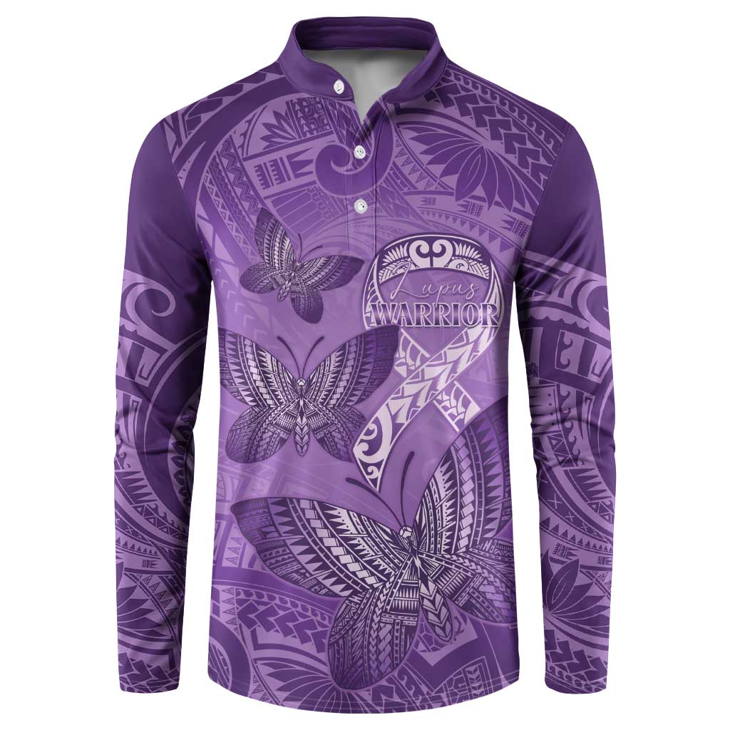 Personalised Polynesia Lupus Awareness Month Button Sweatshirt Warrior Purple Ribbon Polynesian Butterflies