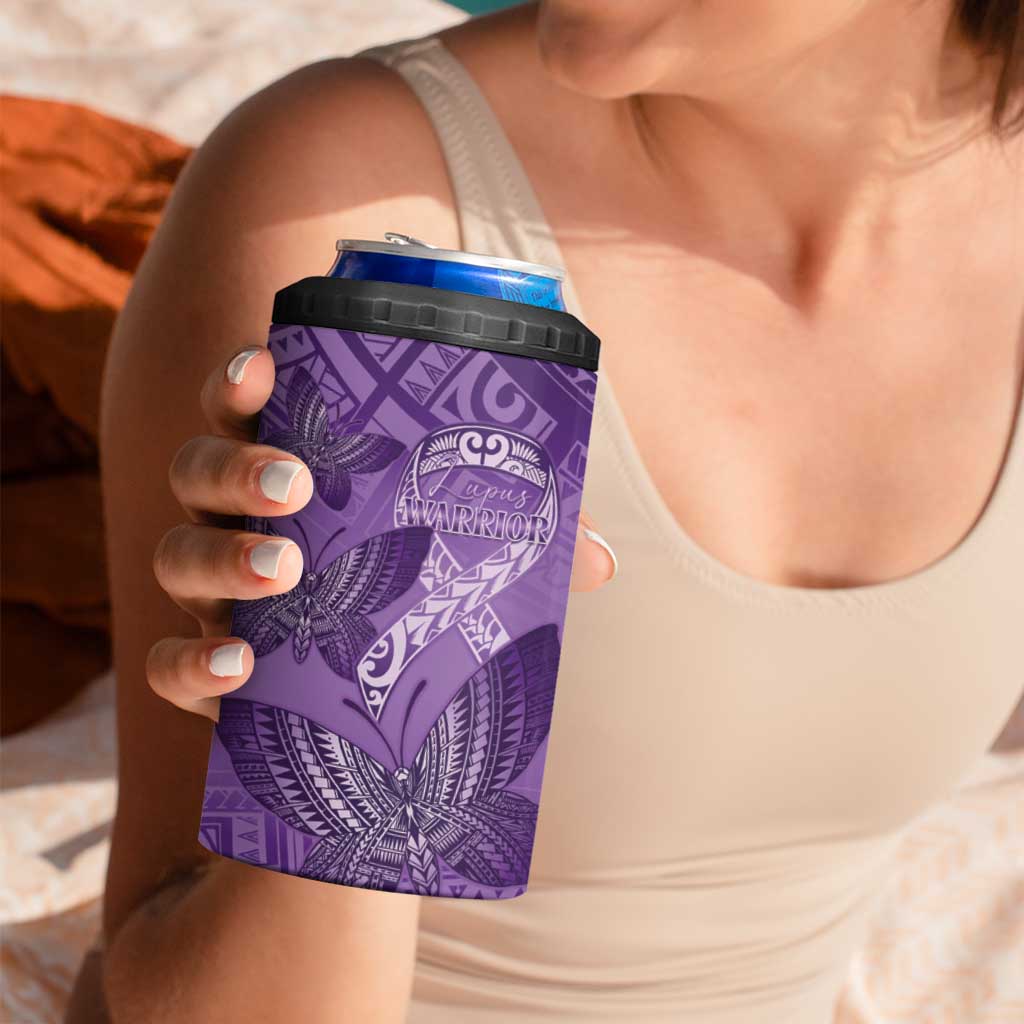 Personalised Polynesia Lupus Awareness Month 4 in 1 Can Cooler Tumbler Warrior Purple Ribbon Polynesian Butterflies