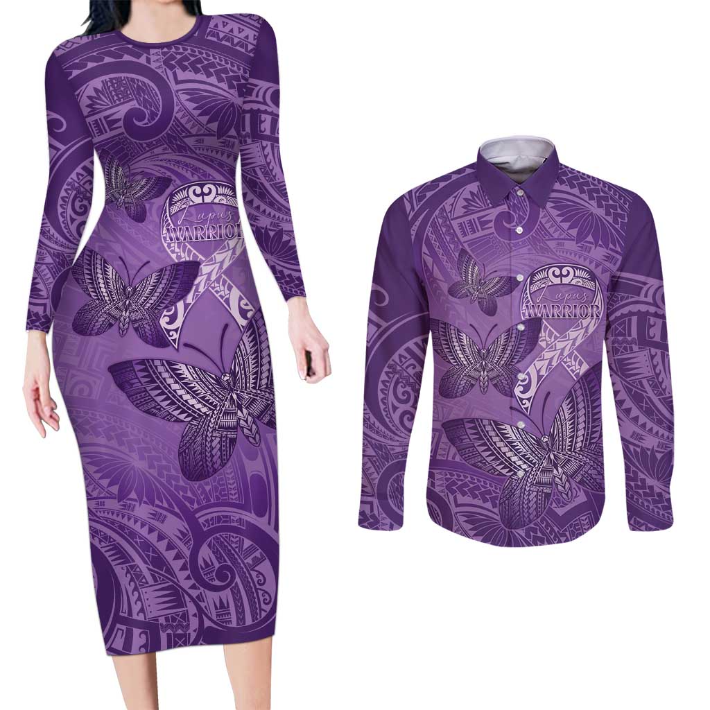 Personalised Polynesia Lupus Awareness Month Couples Matching Long Sleeve Bodycon Dress and Long Sleeve Button Shirt Warrior Purple Ribbon Polynesian Butterflies LT14 Purple - Polynesian Pride