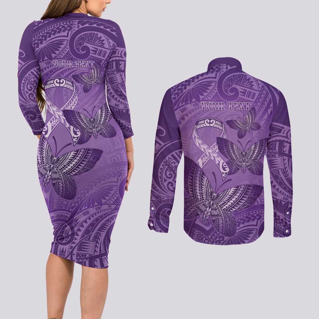 Personalised Polynesia Lupus Awareness Month Couples Matching Long Sleeve Bodycon Dress and Long Sleeve Button Shirt Warrior Purple Ribbon Polynesian Butterflies LT14 - Polynesian Pride