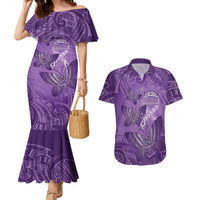 Personalised Polynesia Lupus Awareness Month Couples Matching Mermaid Dress and Hawaiian Shirt Warrior Purple Ribbon Polynesian Butterflies LT14 Purple - Polynesian Pride