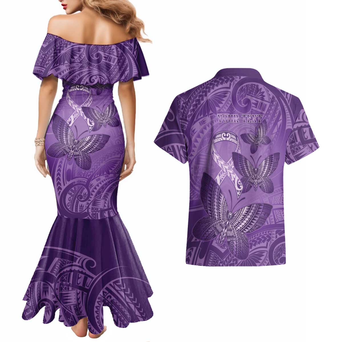 Personalised Polynesia Lupus Awareness Month Couples Matching Mermaid Dress and Hawaiian Shirt Warrior Purple Ribbon Polynesian Butterflies LT14 - Polynesian Pride