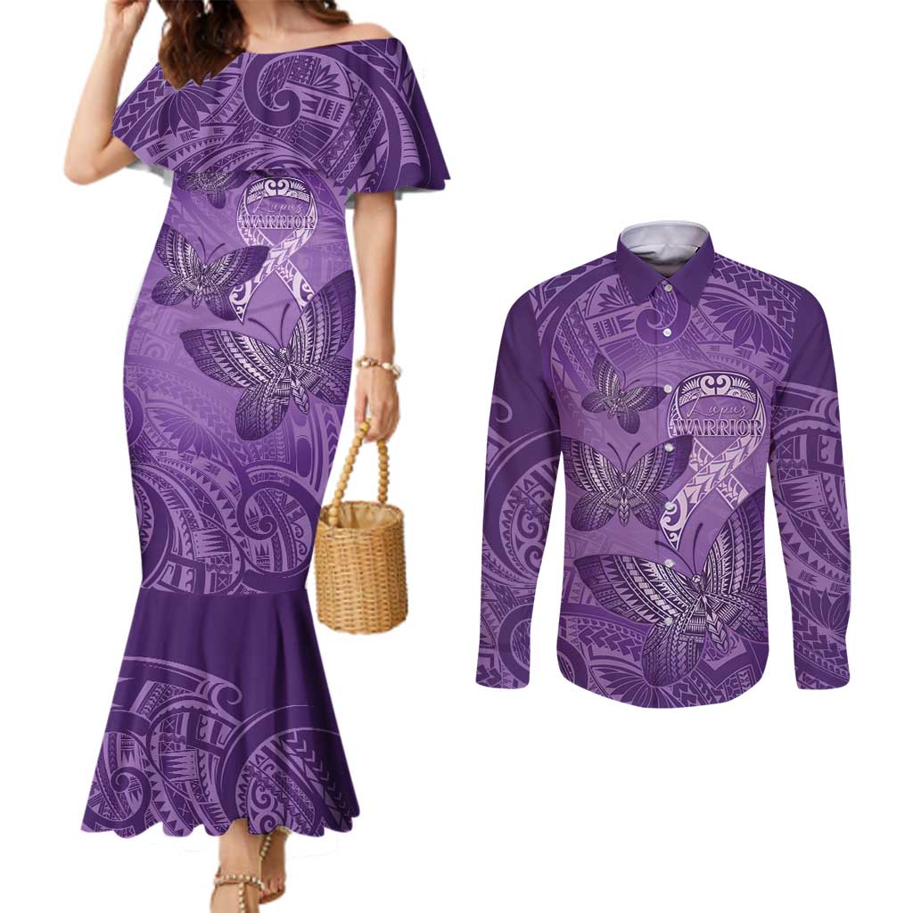 Personalised Polynesia Lupus Awareness Month Couples Matching Mermaid Dress and Long Sleeve Button Shirt Warrior Purple Ribbon Polynesian Butterflies