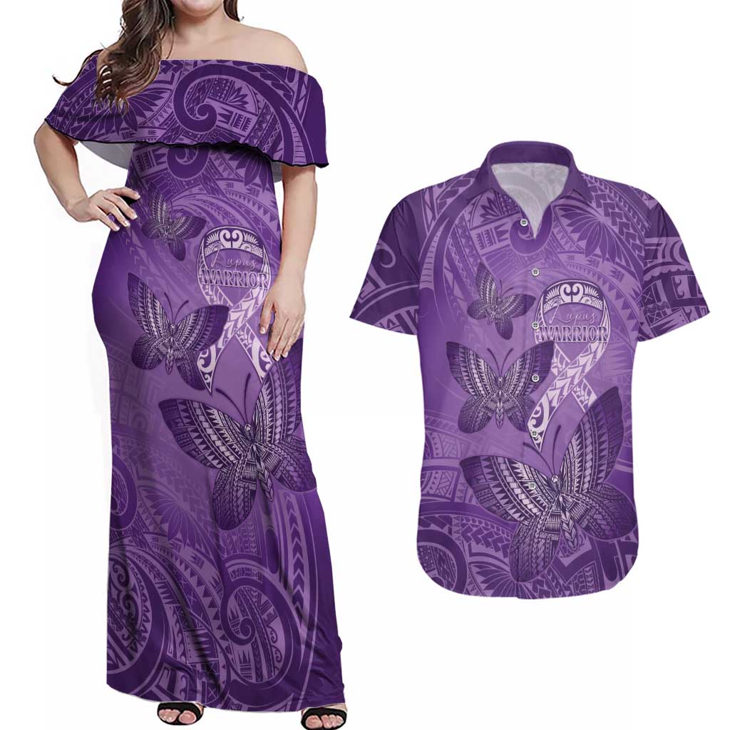 Personalised Polynesia Lupus Awareness Month Couples Matching Off Shoulder Maxi Dress and Hawaiian Shirt Warrior Purple Ribbon Polynesian Butterflies