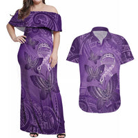 Personalised Polynesia Lupus Awareness Month Couples Matching Off Shoulder Maxi Dress and Hawaiian Shirt Warrior Purple Ribbon Polynesian Butterflies LT14 Purple - Polynesian Pride