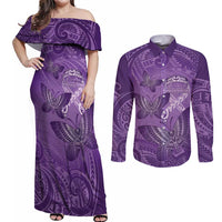 Personalised Polynesia Lupus Awareness Month Couples Matching Off Shoulder Maxi Dress and Long Sleeve Button Shirt Warrior Purple Ribbon Polynesian Butterflies