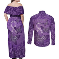 Personalised Polynesia Lupus Awareness Month Couples Matching Off Shoulder Maxi Dress and Long Sleeve Button Shirt Warrior Purple Ribbon Polynesian Butterflies