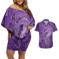 Personalised Polynesia Lupus Awareness Month Couples Matching Off Shoulder Short Dress and Hawaiian Shirt Warrior Purple Ribbon Polynesian Butterflies LT14 Purple - Polynesian Pride