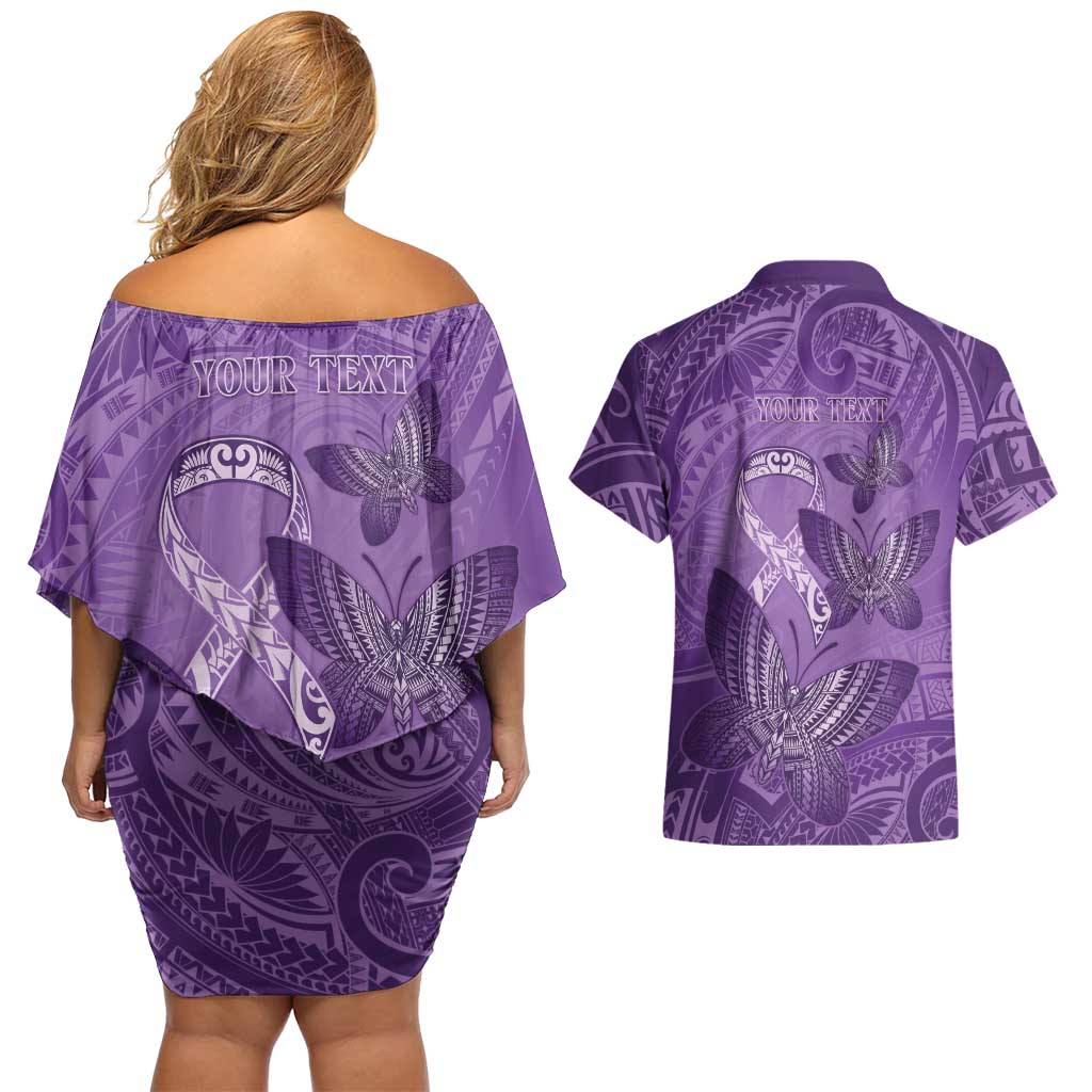 Personalised Polynesia Lupus Awareness Month Couples Matching Off Shoulder Short Dress and Hawaiian Shirt Warrior Purple Ribbon Polynesian Butterflies LT14 - Polynesian Pride