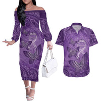 Personalised Polynesia Lupus Awareness Month Couples Matching Off The Shoulder Long Sleeve Dress and Hawaiian Shirt Warrior Purple Ribbon Polynesian Butterflies LT14 Purple - Polynesian Pride