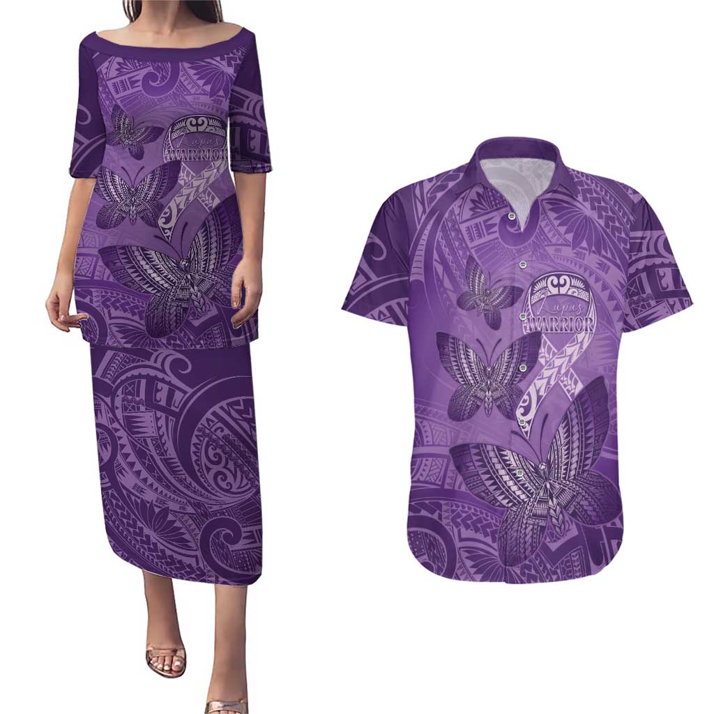 Personalised Polynesia Lupus Awareness Month Couples Matching Puletasi and Hawaiian Shirt Warrior Purple Ribbon Polynesian Butterflies