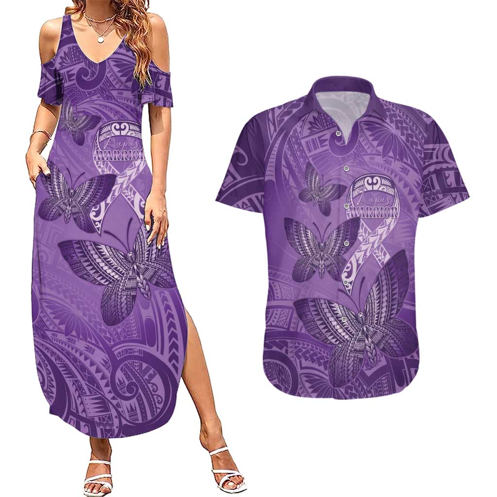 Personalised Polynesia Lupus Awareness Month Couples Matching Summer Maxi Dress and Hawaiian Shirt Warrior Purple Ribbon Polynesian Butterflies