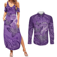 Personalised Polynesia Lupus Awareness Month Couples Matching Summer Maxi Dress and Long Sleeve Button Shirt Warrior Purple Ribbon Polynesian Butterflies