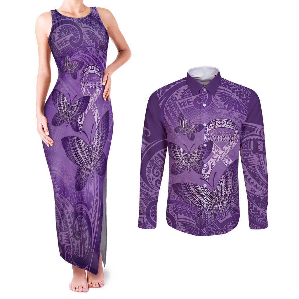 Personalised Polynesia Lupus Awareness Month Couples Matching Tank Maxi Dress and Long Sleeve Button Shirt Warrior Purple Ribbon Polynesian Butterflies