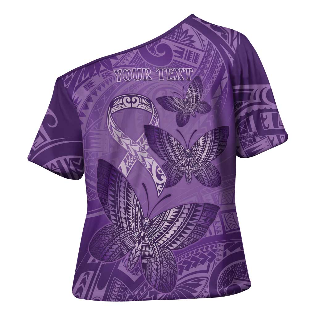Personalised Polynesia Lupus Awareness Month Cross Shoulder Shirt Warrior Purple Ribbon Polynesian Butterflies