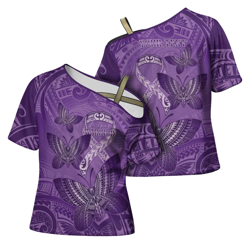 Personalised Polynesia Lupus Awareness Month Cross Shoulder Shirt Warrior Purple Ribbon Polynesian Butterflies